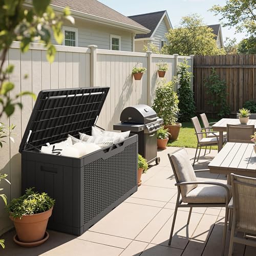 Greesum 100 Gallon Resin Deck Box Large Outdoor Storage Boxes with Cushions for Garden Tools, Patio Furniture Pillows, Pool Supplies, Black - Image 2