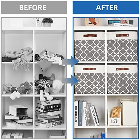 Temary 13ﾗ13ﾗ13 Foldable Storage Cube Baskets Fabric Cube Storage Basket for Organizing Cloth Storage Bins with Leather Handles for Gifts Empty, Closet (Grey Lattice) - Image 6