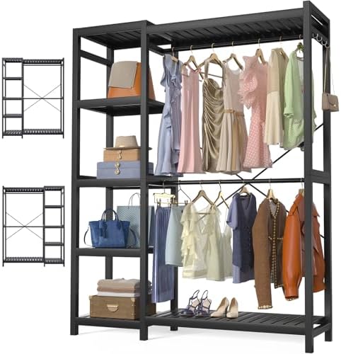 Homykic Bamboo Clothing Rack with 7 Adjustable Shelves, 2 Hang Rods, Black by Homykic