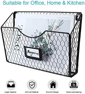 PAG-Mass 6 Pockets Hanging File Holder Wall Mount Mail Organizer Metal Chicken Wire Magazine Rack with Tag Slot, Black - Image 2