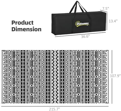 Outsunny Outdoor Rug for Patio Waterproof 9' x 18' Black & White Geometric - Image 2