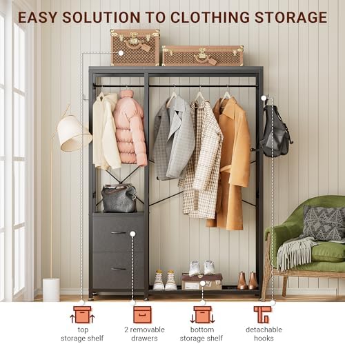 Lulive Clothes Rack with 2 Rods, Shelves, Drawers & Hooks, Garment Rack - Image 7