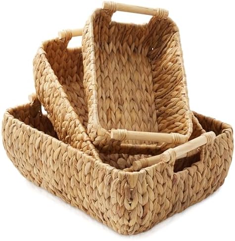 Casafield Set of 3 Water Hyacinth Oval Storage Baskets with Wooden Handles - Small, Medium, Large - Woven Nesting Basket Organizers - Image 2