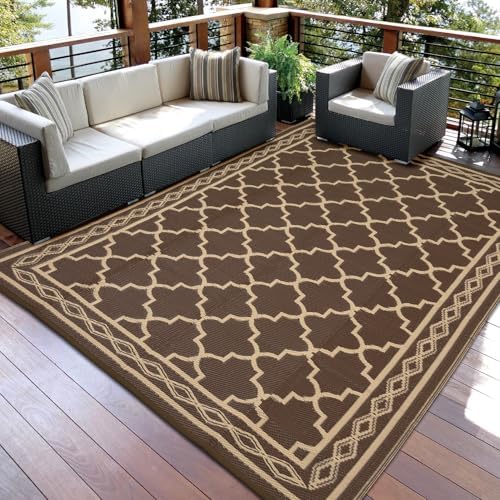 Outdoor Rug 9x12 Reversible Patio Rug Outdoor Plastic Straw Rugs Vintage Trellis Waterproof Outside Carpet for Deck RV Camping Rugs for Patio Backyard Picnic Porch Beach Balcony, Brown Beige - Image 3