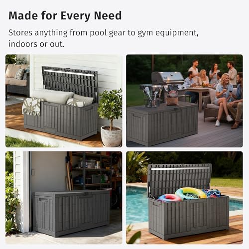 EAST OAK 120 Gallon Outdoor Storage Box | Large Resin Deck Box with Reinforced Stainless Steel Support | Waterproof & UV-Resistant Patio Storage Box for Cushions, Garden Tools & Accessories, Grey - Image 5