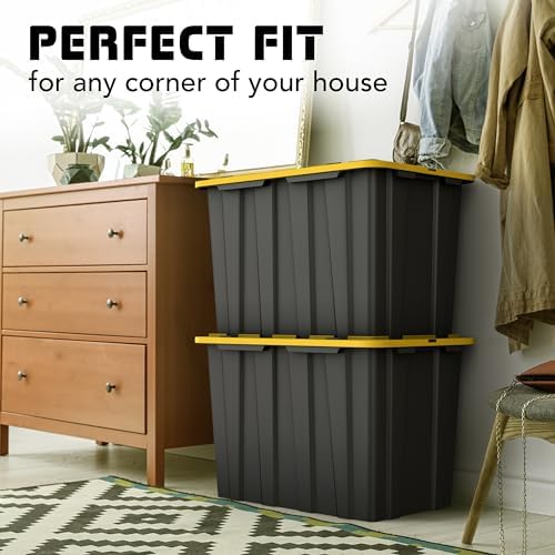 4 PACK of 23 Gallon X-Large Black & Yellow Storage Bins | Plastic Tote Organizing Container with Secure Latching Lids, Stackable, Extra Strength with Built in Handle | 24.5" x 16.5" x 16.6" - Image 6