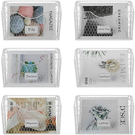 PAG-Mass 6 Pockets Hanging File Holder Wall Mount Mail Organizer Metal Chicken Wire Magazine Rack with Tag Slot, White by PAG