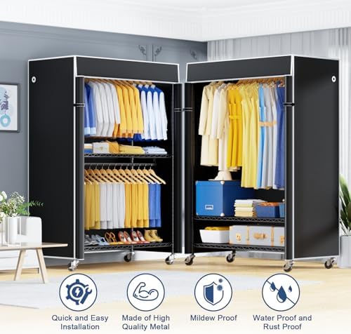 ULIFHOME P8C Pro Heavy Duty Clothes Rack（With Extended Width Design） Rolling Clothing Racks for Hanging Clothes with Lockable Wheels，42" W x 15.8" D x 80.5" H，Load 700LBS，Black Rack with Black Cover - Image 4