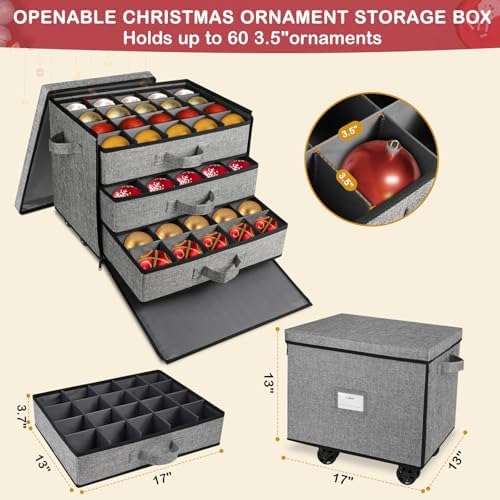 Lukeline Christmas Ornament Storage Box with Wheels, Stackable Christmas Ornament Organizer with 3 Drawer Trays, Openable Ornament Organizer for Storing Decorations, Portable Christmas Ball Box - Image 7