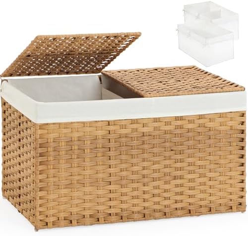 SETVSON Storage Basket with Lid, 2-Lid PE Rattan Storage Bin, Natural by SETVSON