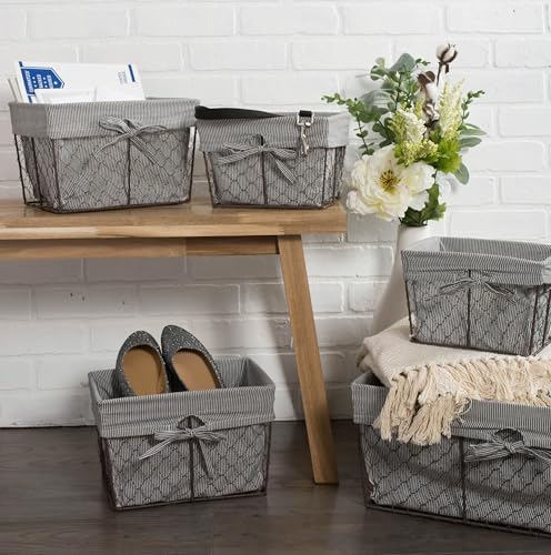 DII Farmhouse Chicken Wire Storage Baskets with Liner, Set of 5, Rustic Ticking Stripe, Assorted Sizes - Image 6