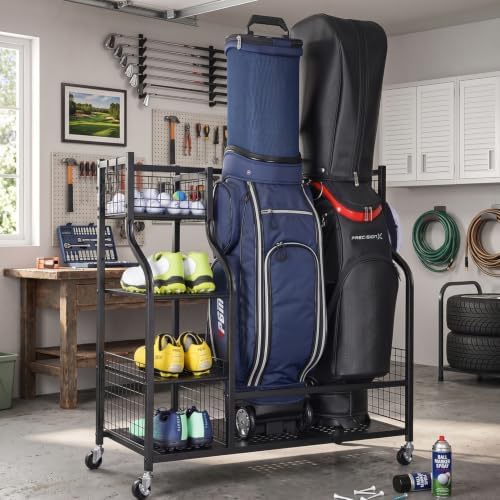 SNAIL Golf Bag Garage Storage Organizer Extra Large Size Golf Bag Rack Stand Holder Fits 2 Golf Bags and Other Golfing Equipment Accessories, Metal Black Golf Club Storage for Garage Shed and Basement - Image 6
