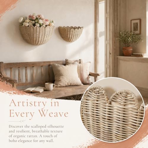2pcs woven wall baskets,Natural rattan weaving,scalloped wall basket,hanging basket,16" x 10" x 7"In & 14" x 8" x 6"In - Image 4