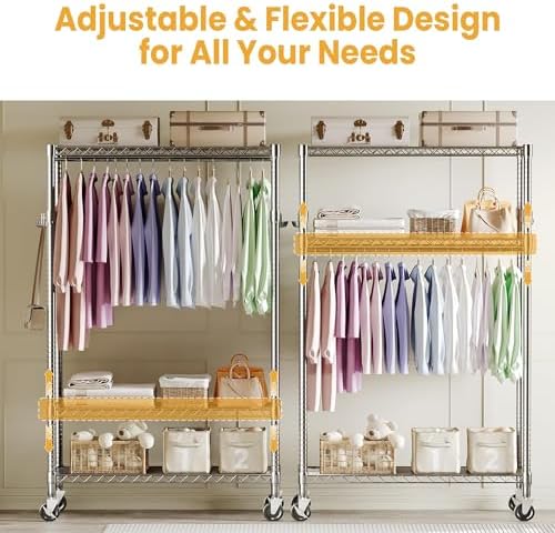 Metal Rolling Clothes Rack 695LBS Wardrobe Rack with Wheels Chrome - Image 5