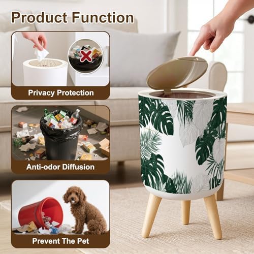 Trash Can with Lid Floral seamless green black white split leaf Philodendron plant vines Small Garbage Can with Legs Waste Bin Press Cover Wastebasket for Kitchen Bathroom Living Room 7L/1.8 Gallon - Image 6