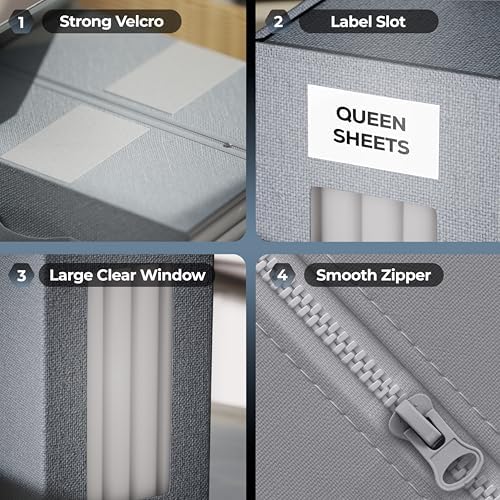 TIMBLE Bed Sheet Organizers & Storage, 10 Pack for King, Queen & Large Sheet Sets, Closet Organizer for Linens, Clothes, Blankets & Bedding, Foldable Fabric Bins with Handle, Name Tag & Window (Gray) - Image 4