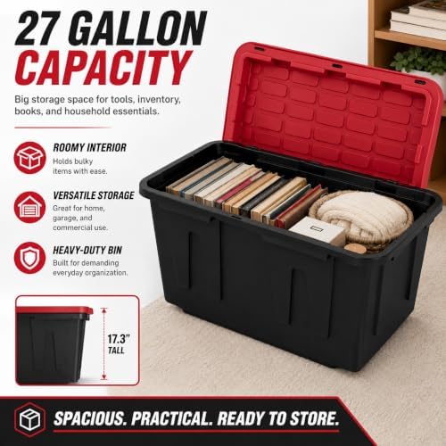 4-Pack 27 Gallon Heavy Duty Storage Bins Durable Polypropylene Plastic with Snap Lock Lids Stackable Large Capacity Organizers Garage Basement Multi-Purpose Storage Containers Black and Red - Image 4