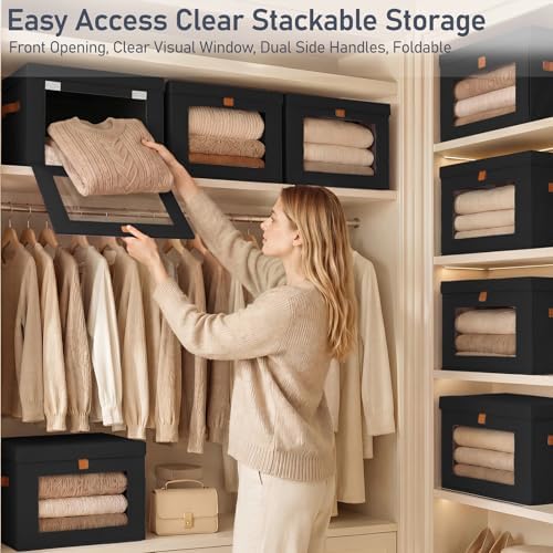 DIMJ Storage Bins with Lids - 4 Pack Front Opening Stackable Fabric Storage Boxes with Clear Window & Handles, Collapsible Closet Organizers for Clothes, Sweaters, Shelf Storage, Bedroom, Black - Image 2