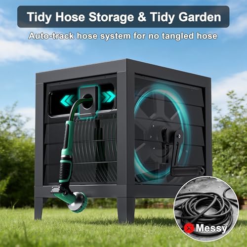 Metal Garden Hose Reel Box, Heavy Duty 150Ft 5/8" Large Capacity Hose Storage Deck Box with Hose Guide, 6Ft Leader Hose, Leak-Proof Aluminum Water Connection, Manual Crank Handle (Dark Brown) - Image 3