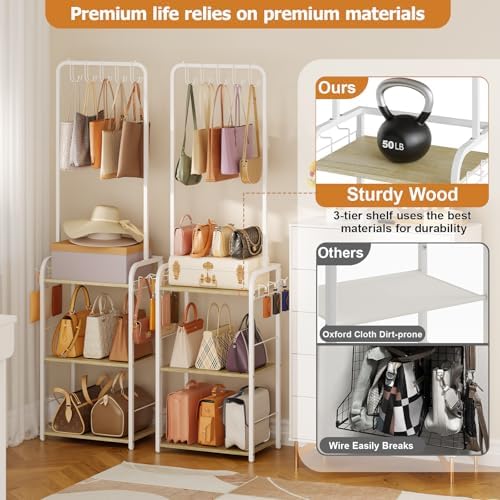 Tall Purse Organizer for Closet with Wood Shelves, Metal Floor-Standing Purse Rack Stand, Narrow High-Capacity Purse Storage and Bag Organizer for Bedroom, Entryway and Small Space - Image 2