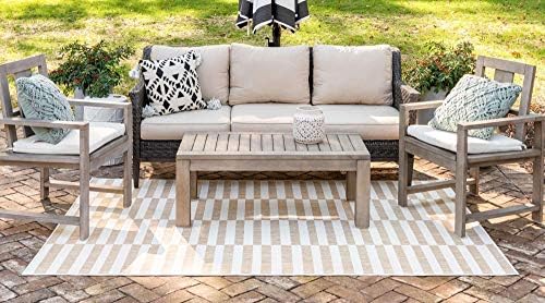 Unique Loom Outdoor Striped Collection Area Rug - Striped (5' 1" x 8' Rectangle, Taupe/Ivory) - Image 3