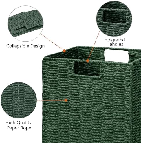 Vagusicc Wicker Storage Basket, Set of 2 Hand-Woven Paper Rope Wicker Baskets, Foldable Cube Storage Bins, Square Storage Baskets for Organizing Shelves & Decor, Green (11″×11″×11″) - Image 2