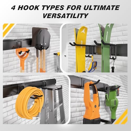 99 Inches Garage Storage, UUP Garage Organization, Wall Mount Garden Tool Organizer, Max 1000lbs Adjustable Metal Hook, Yard Shed Hanging Utility Rack, Heavy Duty Shelving for Rake Broom Mop Snowboard - Image 6