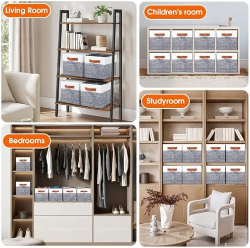 Fab totes Collapsible Storage Baskets for Shelves,14"x10", 8 Pack Foldable Fabric Storage Bins with Double Leather Handles, Large Baskets for Organizing Books, Clothes, White & Grey - Image 5
