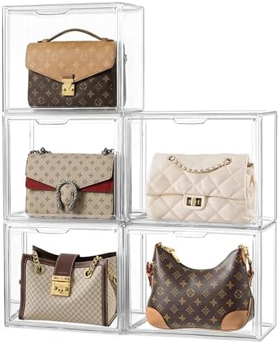 HBlife Purse Storage Organizer for Closet, Clear Stackable Handbag Display Case Box with Magnetic Door for Collectibles, Cosmetics, Women Heels and Toys, Medium, 5 Pack by HBlife