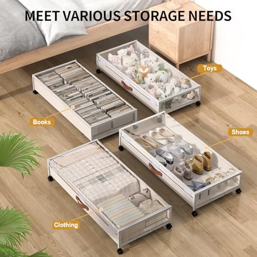Under Bed Storage Containers with Wheels Large Underbed Shoes Blankets Clothes Toy Storage Drawers for College Dorms Bedrooms Nursery Rooms Organization (White 2 Pack, 7.5in height(36"x16.6"x7.48")) - Image 6