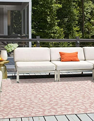 Unique Loom Outdoor Safari Collection Area Rug - Leopard (13' Square, Pink Ivory/Ivory) - Image 3