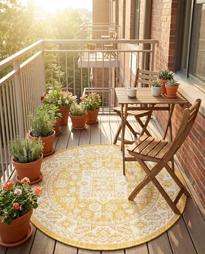 Rugs.com - Outdoor Aztec Rug – 3 Ft Round Yellow Indoor/Outdoor Rug – Weather-Resistant Flatweave Decor for Patios, Decks, and Porches by Rugscom
