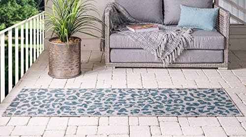 Unique Loom Outdoor Safari Collection Area Rug - Leopard (2' x 6' 1" Runner, Teal/ Ivory) - Image 2