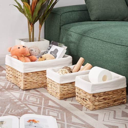 Vagusicc Wicker Basket, 3-Pack Water Hyacinth Wicker Storage Basket with Handles, Storage Baskets for Organizing, Large Hyacinth Storage Baskets for Shelves with Liner (Water Hyacinth Baskets Set) - Image 2