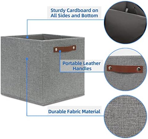 Temary 12x12 Storage Cube Bins 4 Pack Fabric Storage Cubes Storage Bins with Leather Handles, Storage Baskets Foldable Cube Organizers Bins for Home (Grey) - Image 3
