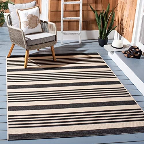 SAFAVIEH Courtyard Collection CY6062 Stripe Indoor/ Outdoor Non-Shedding Easy--Cleaning Patio Backyard Porch Deck Mudroom Area--Rug, 5'3" x 5'3" Square, Black / Bone by Unknown