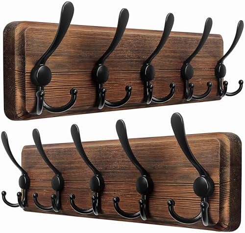 Dseap Coat Rack Wall Mounted - 5 Tri Hooks, Heavy Duty, Wooden Wall Coat Hanger Coat Hook for Clothes Hat Jacket Clothing, Natural & Black, 2 Packs by Dseap