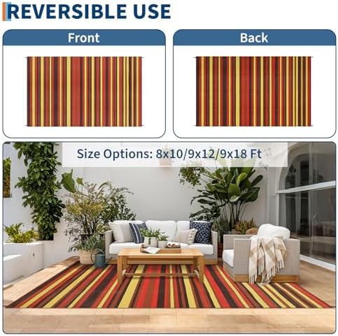 Garvee Modern 9x12 Outdoor Rug Colorful Striped Red Plastic Straw Rugs - Image 3