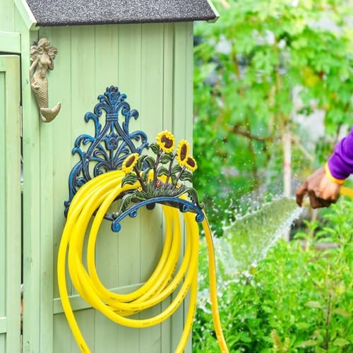 Sungmor Cast Iron Heavy Duty Garden Hose Holder - Decorative Hand-Painted Sunflower Wall Mounted Water Hose Hanger - Wall Decoration Hanging Hose Rack - Hose Reel Storage Butler - Metal Hose Stand - Image 3