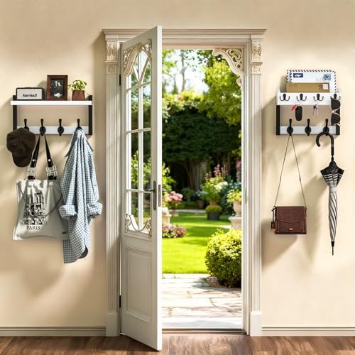 29'' White Coat Rack Wall Mount with Shelf, Solid Wood Coat and Key Hanger with 11 Metal Hooks, Farmhouse Wall Organizer for Mail, Entryway Wall Hangers for Hats, Clothes, Backpacks, Mudroom - Image 3