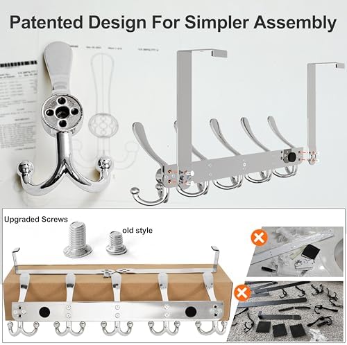 Dseap Over Door Hook 2.0 - Upgraded Version - Simple-Assembly, Strong, Heavy-Duty Stainless Steel 5-Tri-Hook Over The Door Hanger Rack, SimpleStrong Series, Chromed, Pack of 2 - Image 4