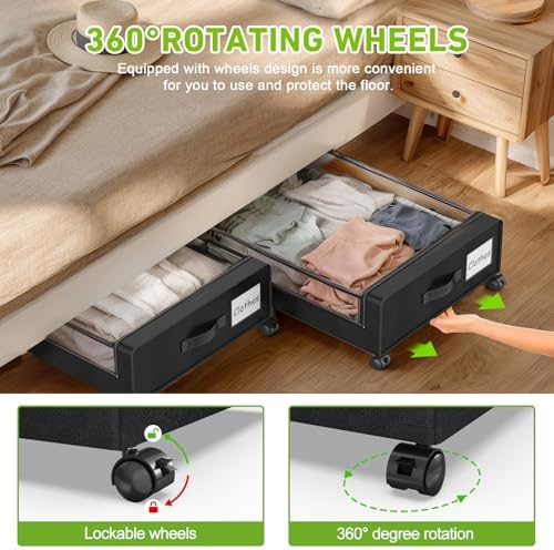 Molutsody Under Bed Storage with Wheels, 4-Pack Underbed Storage Containers with Clear Lids, Under Bed Shoe Storage Organizer, Rolling Under Bed Storage for Clothes Shoes Blankets (Black) - Image 3