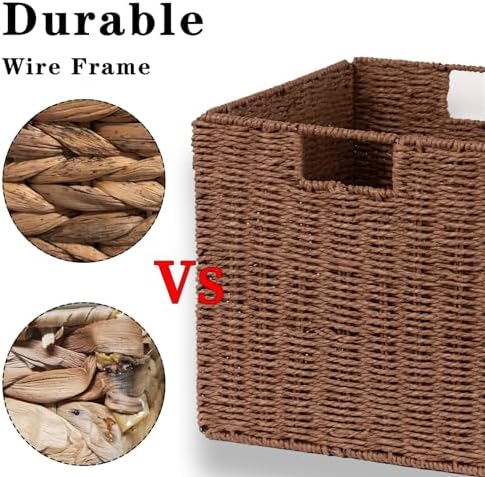 Vagusicc Wicker Storage Basket, Set of 2 Hand-Woven Storage Baskets for Shelves with Handles, Foldable Cube Storage Baskets Bins Organizer, 13 inch Large Wicker Baskets for Pantry Bedroom Decor, Brown - Image 6