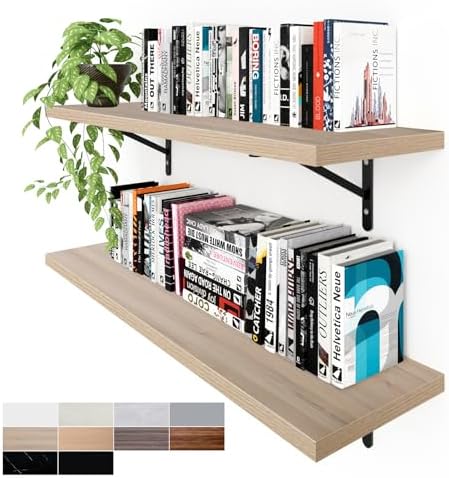 Kaboon 36 inch Long 10 inch Deep Floating Shelves for Wall Set of 2, Large Open Shelves Wall Mounted, Space Saving Home and Commercial Use, Oak/Grey Tone by Kaboon
