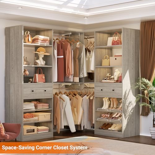 [10 FT Closet System] 120 Inch Reversible Set of 2 Wood Closet Organizer System with 2 Drawers, 4 Hanging Rods Adjustable Shelf, Walk In Closet Organizers with Shoe Rack, Garment Rack, White Oak - Image 7