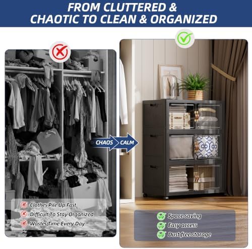 SAILUN 321QT/80Gal Stackable Storage Bins with a Lid, Collapsible Storage Bins With Doors, Folding Cabinet for Home Closet Organization,3 Pack-26 W x 16.5" D x 43.3" H Black - Image 2
