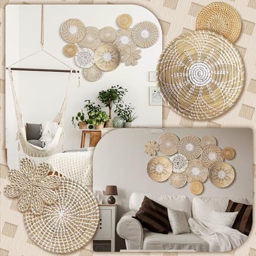 11 Pcs Boho Hanging Wall Basket Decor Handmade Woven Basket Wall Decorative Boho Wicker Baskets Placemats Round Farmhouse Bulrush Art for Rustic Home Decorations Christmas Gift(Fresh) - Image 5