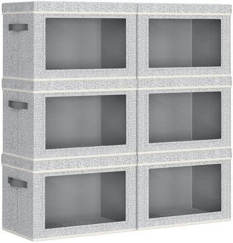 Homsorout Collapsible Storage Bins with Lids - Stackable Storage Containers with Window, 6 Pack Fabric Cube Bins for Closet, Home & Office Organization Baskets, Light Gray, 14.9" x 9.8" x 9.8" by Homsorout