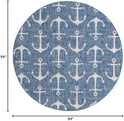Unique Loom Outdoor Coastal Collection Area Rug - Ahoy (7' 10" Round, Blue/ Ivory) - Image 2