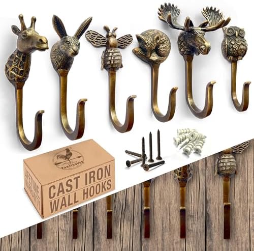 Cast Iron Animal Entry Hooks (Set of 6 Hooks) Unique Large Farmhouse Decorative Wall Hooks, Vintage Decor for Hanging Coats, Bags, Hats, Towels (Antique Bronze) by MyFancyFarmhouse